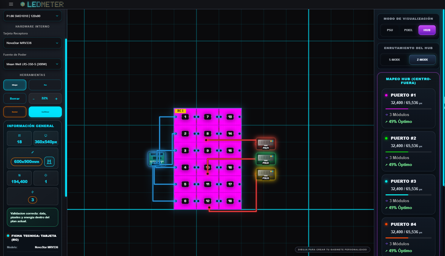 Crear Módulo en LEDMETER con tarjeta receptora, fuentes de poder, puertos y validación del gabinete personalizado