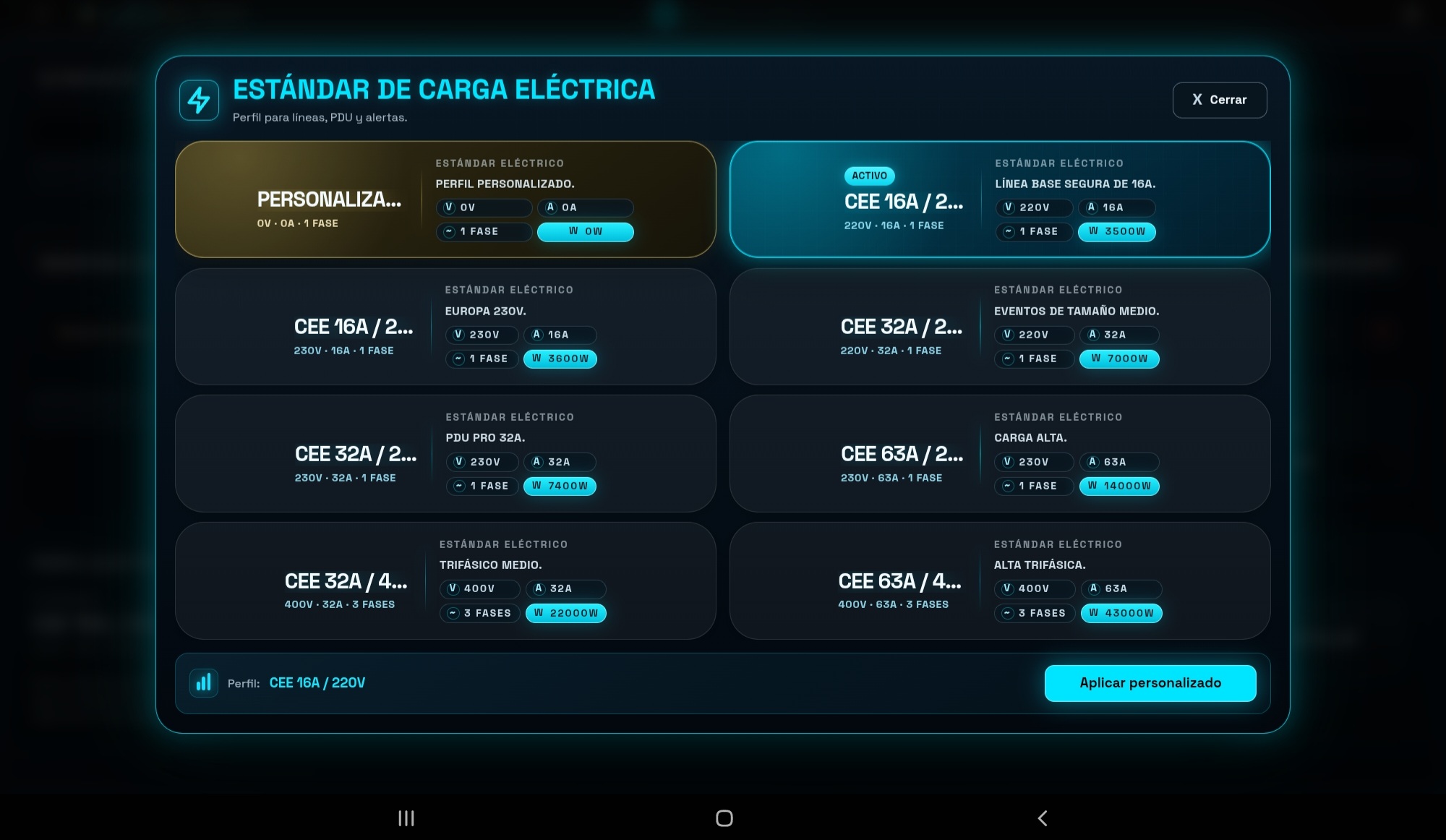 Selector de estándares de carga eléctrica de LEDMETER con perfiles de voltaje, corriente y potencia